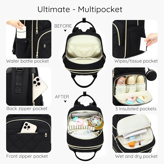 Large Diaper Bag Backpack with Changing Pad & Pacifier Case, Khaki | Multi-functional lightweight waterproof maternity & toddler travel backpack. Insulated, wet/dry pocket & stroller straps - Image 2