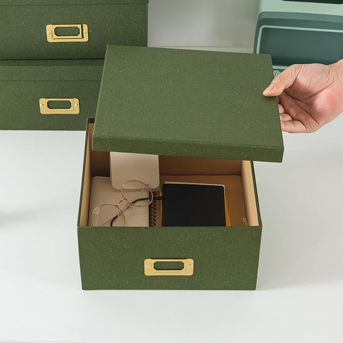 Soul & Lane - Green Decorative Memory Storage Boxes with Lids, Set of 3 | Square Stacking Kraft Photo Storage with Gold Label Holders, Large Nesting Cardboard Boxes for Office, Crafts and Paper - Image 3