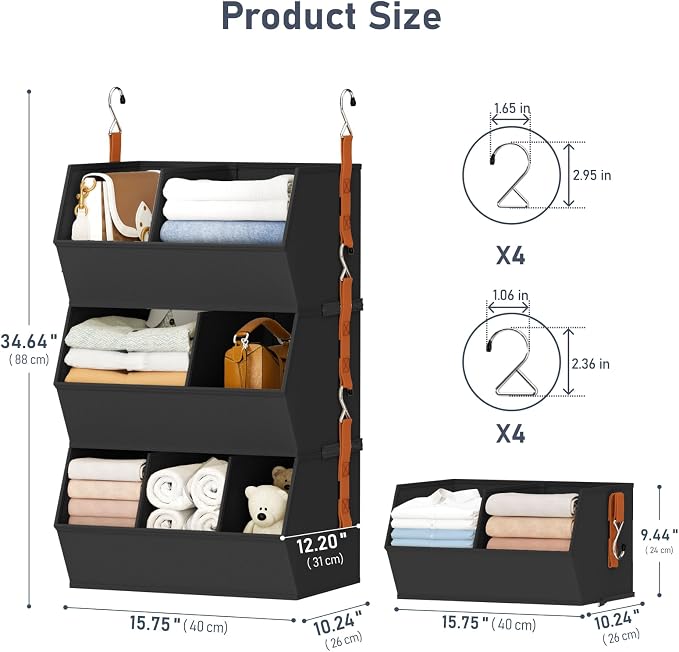 DIMJ Hanging Closet Organizer Extra Large, Clothes Hanging Shelves for Closet with Divider, Collapsible Closet Storage System, Fabric Storage Bins for Home, Black, 15.75 × 12.20 × 9.44, 3 Pack - Image 2