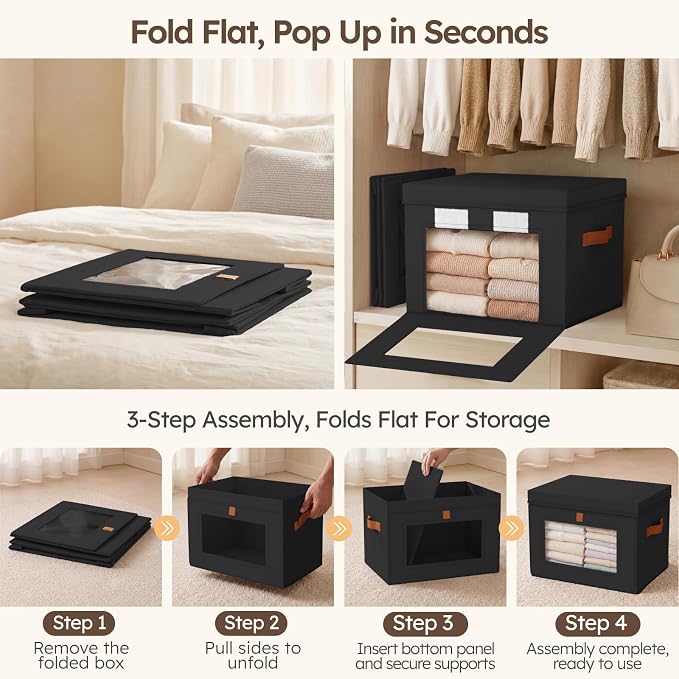 Storage Bins with Lids - Front Opening Storage Box with Clear Window & Handles, Stackable Foldable Fabric Bins for Closet Organization, Clothes, Sweaters, Towels, Blankets, 3 Pack, Black - Image 4
