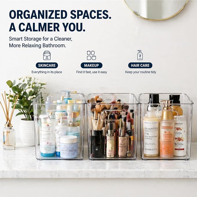MOONEDGE 6 Pack Clear Organizer Bins 11x8x6in Pantry Organizers and Storage | Clear Containers for Organizing, Plastic Storage Bins with Handles for Drawer, Craft, Fridge, Kitchen Cabinet Shelf - Image 4