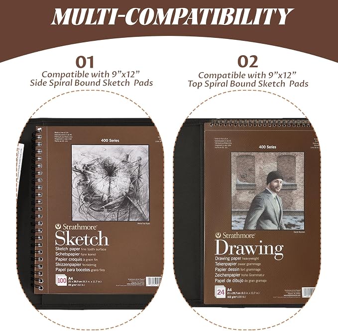 Black Leather Sketchbook Cover 9x12, Travel Drawing Portfolio | Portable sketch kit organizer, pencil holder, Fits 9x12 Sketch Book, Spiral Pad, Compact artist storage case - Image 4