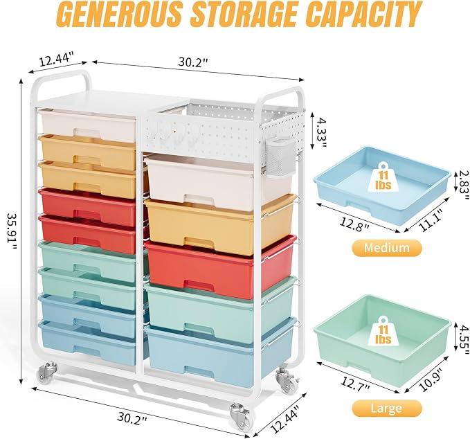 14 Drawer Rolling Storage Cart with Tabletop and Pegboard for Craft Color | Easy Setup, Large Capacity, Sturdy Build, Smooth Mobility, For classroom, office and dorm supplies - Image 3
