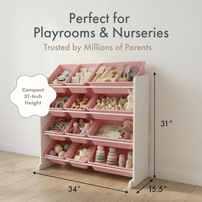 Humble Crew Kids Toy Organizer with 12 Bins, 4 Tier Storage for Playroom | Sturdy wood and steel toddler shelf, removable BPA-free containers, wall anchor anti-tip safety kit for bedroom or classroom - Image 6