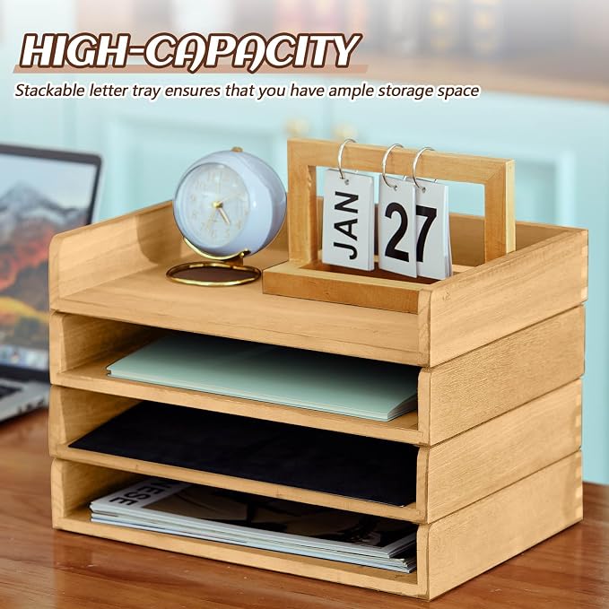 Yeaqee 4 Pcs Stackable Paper Organizer Tray Wood Desk Organizer Letter Tray Desktop Letter Size Office Wooden Desk Shelf Paper Holder Folder Organization Rack for Mail File Document(Light Wood Color) - Image 5