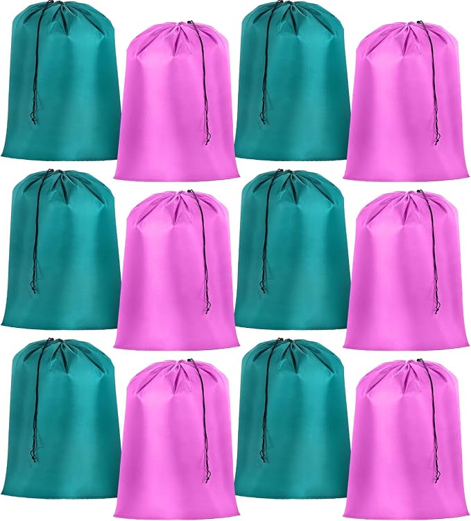 Woanger 12 Pack 28 x 45 Inch Extra Large Laundry Bags Bulk, Cute Colors | Washable Polyester, Drawstring Closure, For Clothes and Bedding, Foldable for College Dorms, Hotels, Camping and Travel by Woanger