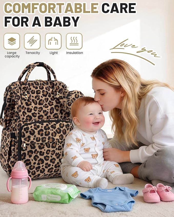 Corduroy Diaper Bag Backpack, Large Capacity Multifunction Baby Diaper Bags for Women, Insulated Bottle Pockets & Pacifier Case, Stylish Travel Nappy Changing Bags for Mom Dad (Leopard Brown) - Image 2