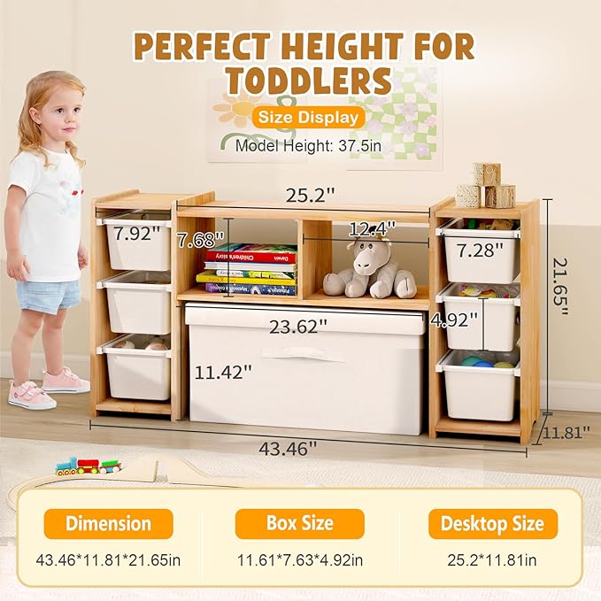 MallBest Montessori Shelf for Kids - 100% Solid Pine Wood with 6 Removable Plastic Bins, Toy Storage Organizer Cabinet for Playroom, Bedroom & Nursery (Natural) - Image 2