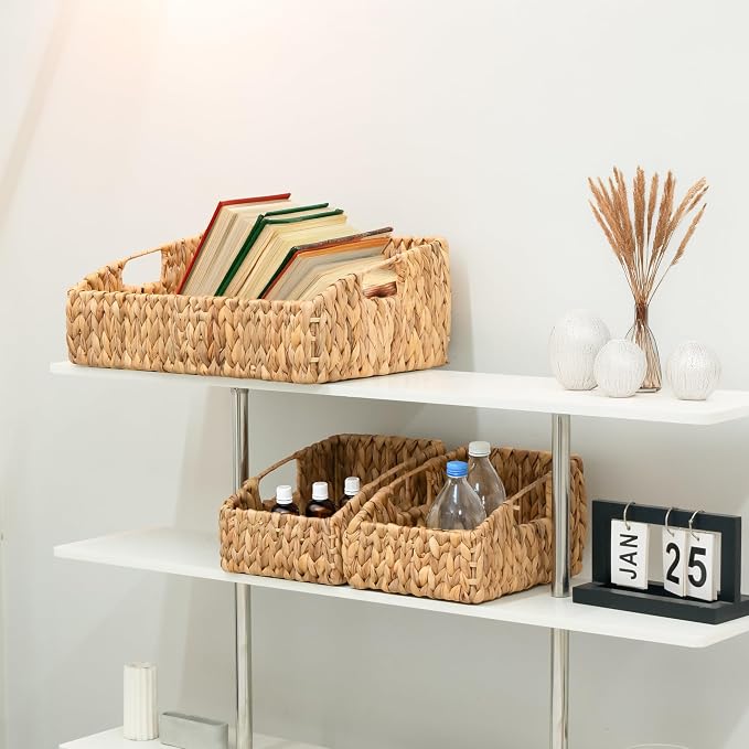 KOKODO Rectangular Wicker Storage Baskets for Shelves, Set of 3 Water Hyacinth Woven Bins with Handles, Open Front Pantry Shelf Organizer for Closet, Bedroom, Boho Decorative, Natural - Image 6