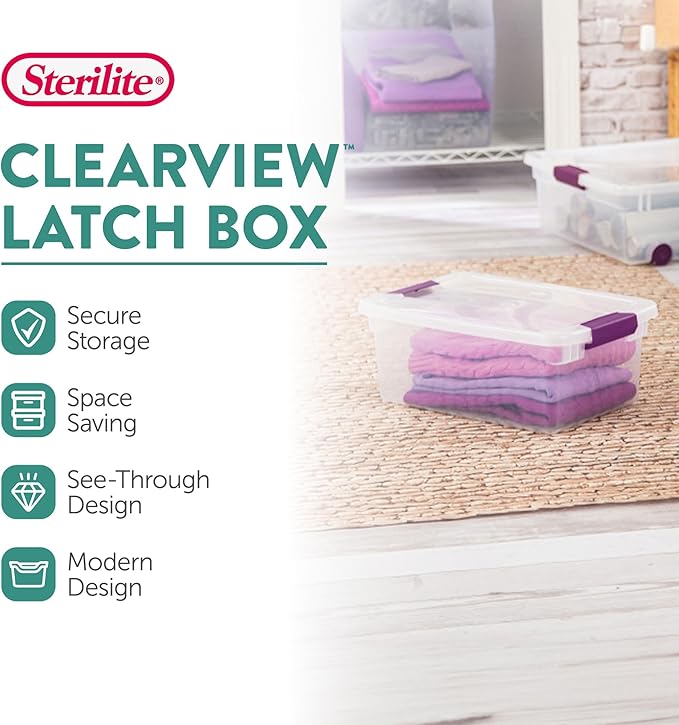 Sterilite 24-Pack ClearView Latch Box, Stackable Storage Organizer Bins for Home, 15 Quart | Clear Plastic Organizers with Color Accent Latches for Closet, Bedroom, Shelving Units, Dorm Room and Home Organization - Image 2