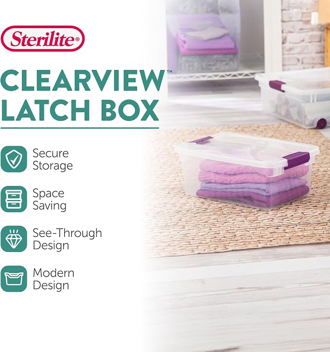 Sterilite ClearView Latch Boxes, Storage Bins with Lids, 15 Quart, 36-Pack | Clear Plastic Organizers with Color Accent Latches for Closet, Bedroom, Shelving Units, Dorm Room and Home Organization - Image 2