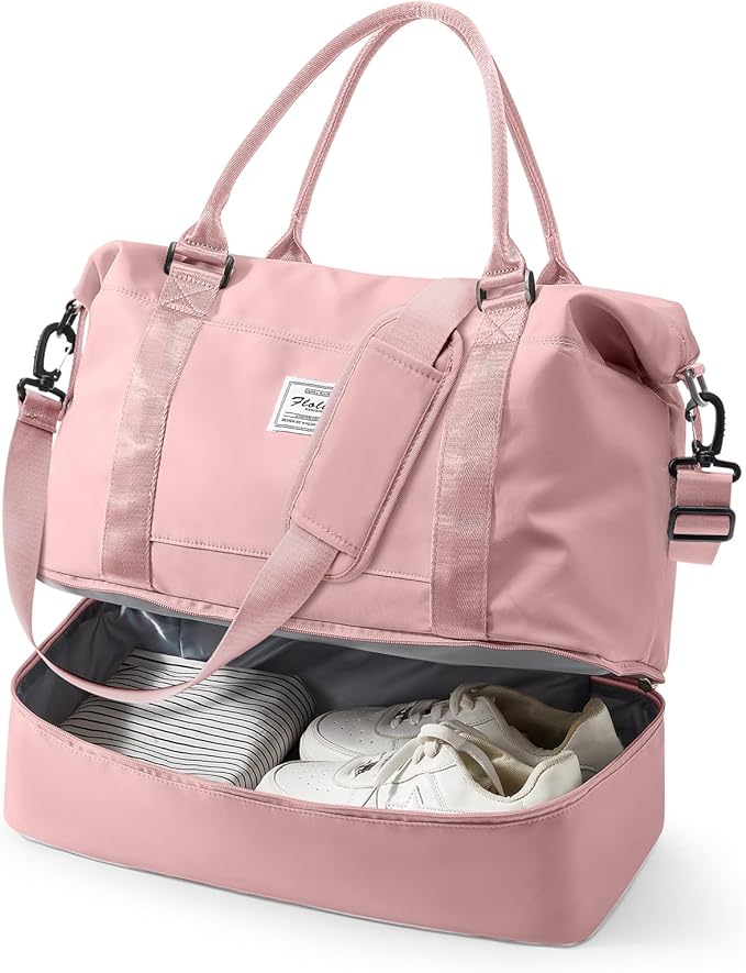 Travel Duffel Weekender Bag Women Tote Carry On Bags With Shoe Compartment | 18x14x8 inches Travel Overnight Bags with Trolley Sleeve for Airplanes Sport Tote Gym for Men Lightweight Daypack Pink by VECAVE