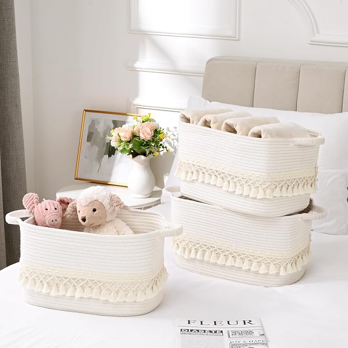 2 Pack Storage Basket for Shelves, Boho Cotton Rope Storage Bins with Heavy Tassel, Shelf Baskets Large Woven Baskets for Organizing, Cube Organizer Bins, Baby Laundry Basket for Clothes, Toys, Pets - Image 2