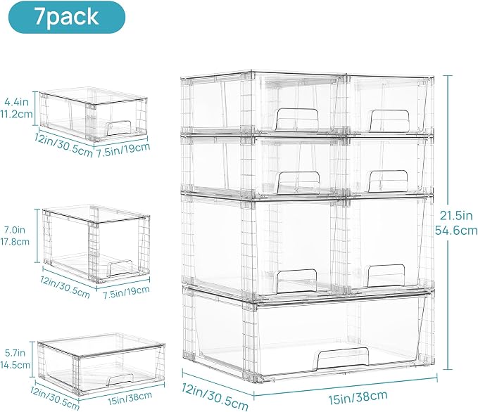 Vtopmart Clear Stackable Storage Drawers, 7 Pack Multi Size Set | Wide, Medium and Small Pull-Out PET Drawers for Flexible Organization, Stackable Storage for Cabinets, Closets, Pantry - Image 3