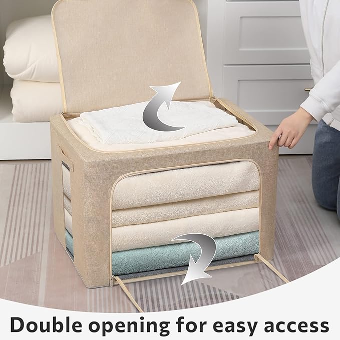 FHSQX Extra Large Clothes Storage Bins Foldable Metal Frame Storage Box Stackable Linen Fabric Box Organizer Set with Carrying Handles and Clear Window (Beige, 23.6x 16.5x 15.7 Inch) - Image 2