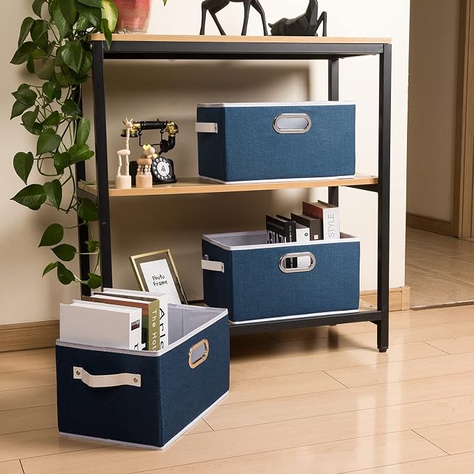 Large Collapsible Storage Baskets for Closet [5-pack] Decorative Fabric Storage Bins Cubes with Leather/Metal Handles for Shelves Bedroom Living Room Royal Blue (14.9x9.8x8.3 Inch) - Image 3