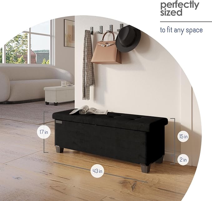 Storage Ottoman Bench with Bins, 43-in Storage Bench for Bedroom End of Bed, Folding Foot Rest Ottoman for Living Room Max 660lbs, Velvet Ottomans, Black - Image 9