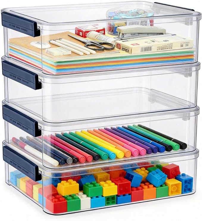 4 Pack 5.5qt 9 x 13 Clear Plastic Storage Box with Snap-Tight Latch, Stackable Organizer Container for A4 Files, Photos, Documents, Scrapbook, Crafts, and Art Supplies,Clear Storage Box With Lids by DHYLRICHER