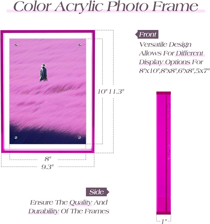8x10 Picture Frame Magnetic Colored Acrylic Photo Frame Self Standing | Wall Mounting/Tabletop Display, Purple Floating Picture Frame, 8x10/8x8/6x8, Horizontal and Vertical Formats (1 Pack) - Image 3
