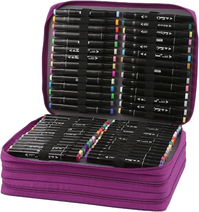 Marker Pen Organizer Case 168 Slots w/Handle & Shoulder Strap | 3-Layer Zipped Pencil Pouch PU Leather w/Open Front pocket for Gel Pen Markers to Artists, Painters - Image 3