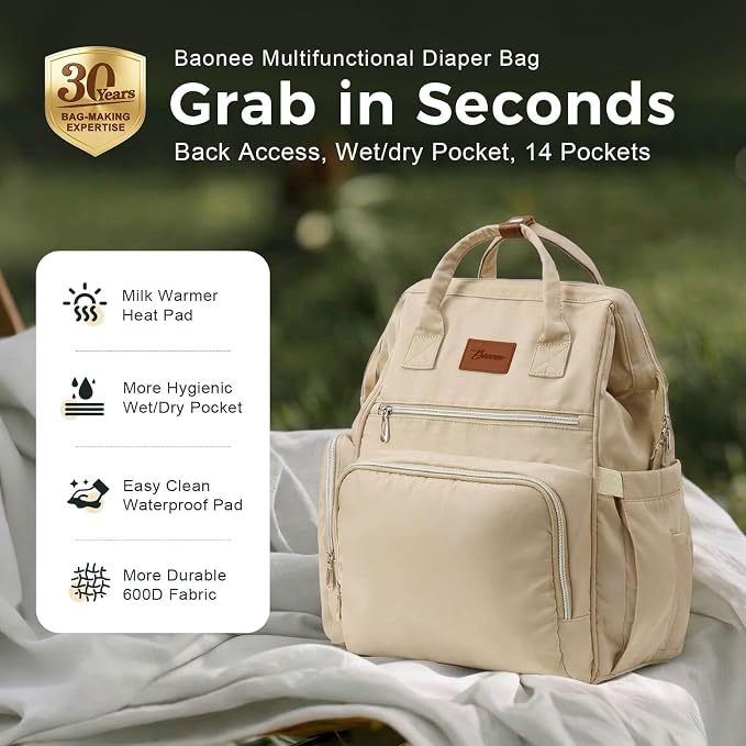 Diaper Bag Backpack with Wet/Dry Pocket, Changing Pad, 27L Beige | 14 Pockets, 3 Insulated Bottle Pockets & Rear Opening for Organizing, Stroller Straps & Luggage Sleeve for Travel - Image 2