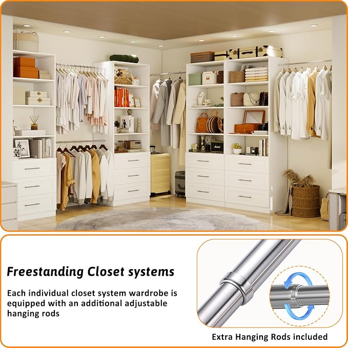 Closet System with 9 Drawers & 12 Shelves, Wood Closet Organizer System with 3 Extra Hanging Rod for Walk in Closet, Modular Closet Organizer System White(6FT) - Image 5