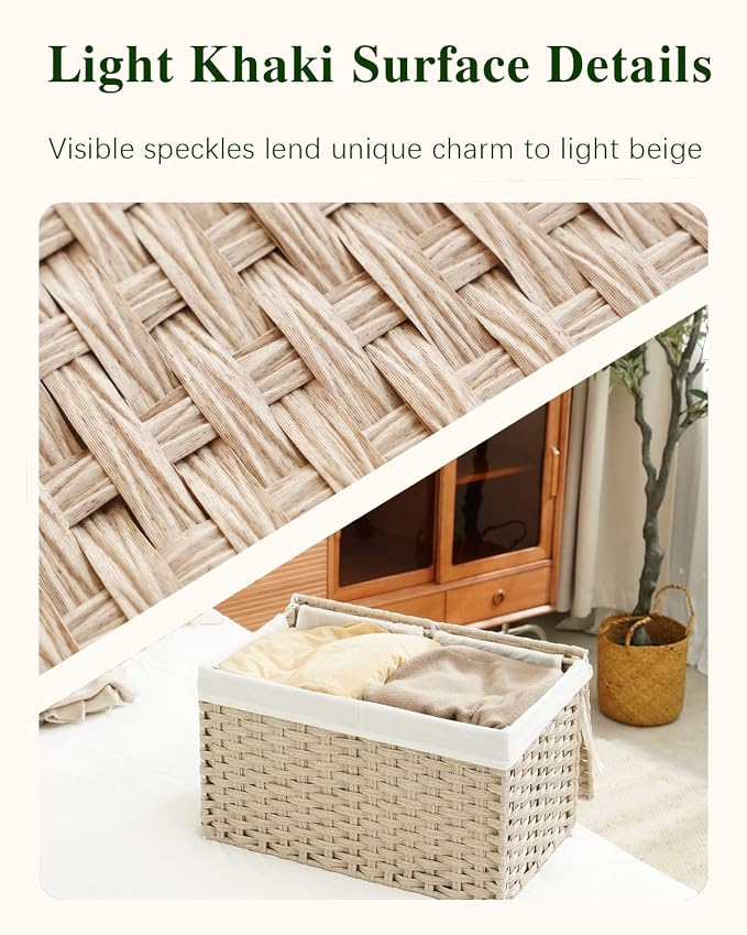SETVSON Storage Basket with Lid, PE Rattan Storage Bin Light Khaki | Decorative PE Rattan Furniture Look for Bedroom, 2 Separate Lids, 2 Liners with Divider for Apparel & Essentials - Image 3