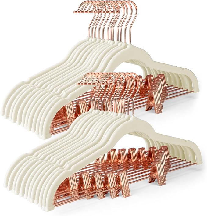HOUSE DAY Pants Hangers with Clips 24 Pack, with Rose Gold Hook and Clips | Ivory | Non Slip Velvet Flocked | 0.2" Thin | Swivel Hook | Space Saving | Rubber Padded Clip| For Pants, Skirt, Shorts, Coat by HOUSEDAY