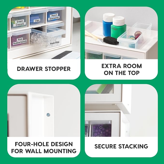 IRIS USA 16-Drawer Small Drawer Organizer, Craft Desk Storage, White | Wall mountable, Stackable Teacher Toolbox, Beads, Building Bricks, Water Packets, Screws, Hardware - Image 5