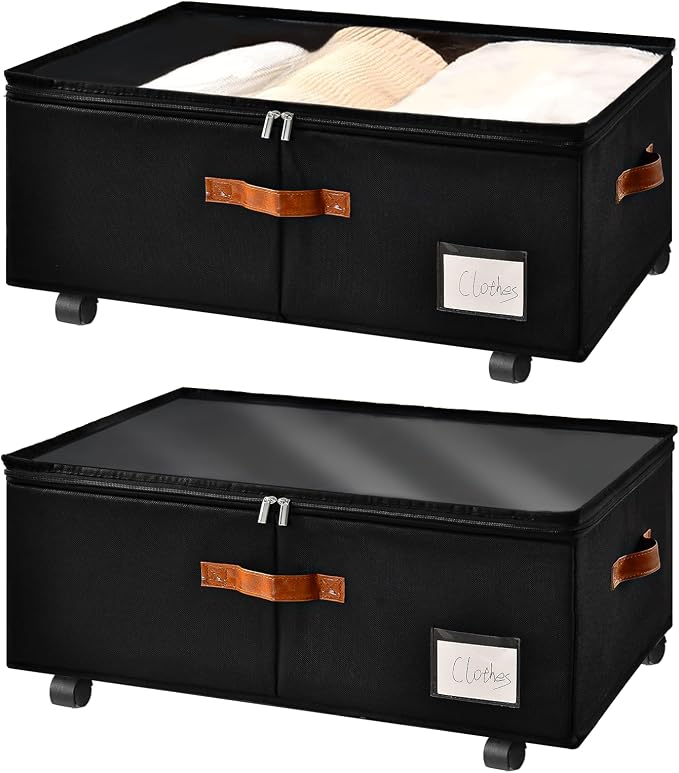 Freebat Under Bed Storage with Wheels 2 Pack, Underbed Container | 10 inch Height Under Bed Drawers with Clear Lid Cover, Storage Bag Box with Visiable Window for Clothes, Bedsheet, Pillow by Freebat