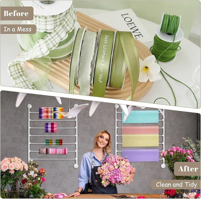 Yonynise Ribbon Storage Organizer,Wall Mounted Ribbon Holder Rack,7 Tier Large Capacity Metal Ribbon Storage for Craft Room,Flower Shop,Cake Shop,Gift Wrapping Paper,White - Image 4