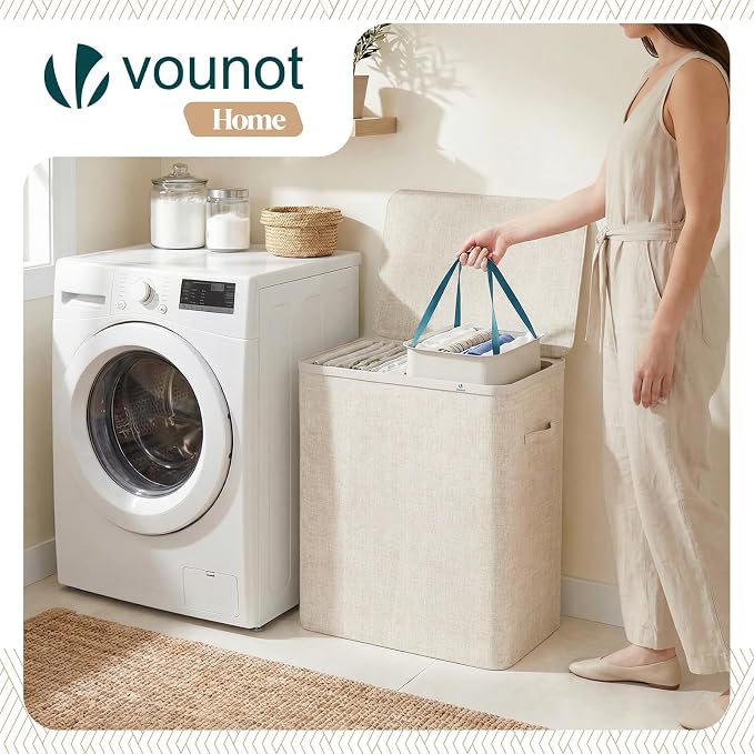VOUNOT® 150L Laundry Basket with Lid, Rectangular 2 Compartment Laundry Hamper with Removable Bags & Handles, Foldable Laundry Bin for Bedroom, Bathroom, Utility Room, Beige - Image 5