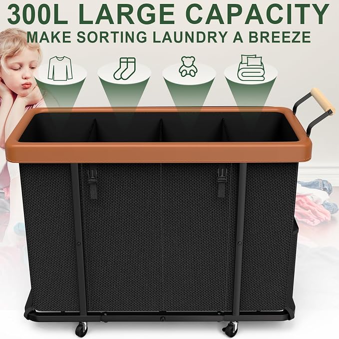 Laundry Hamper 4 Section with Lid, 300L Rolling Basket Hamper with Handle | Laundry Basket with Wheels,Organizer Storage Cart with Sturdy Metal Frame for Laundry Room Black - Image 2