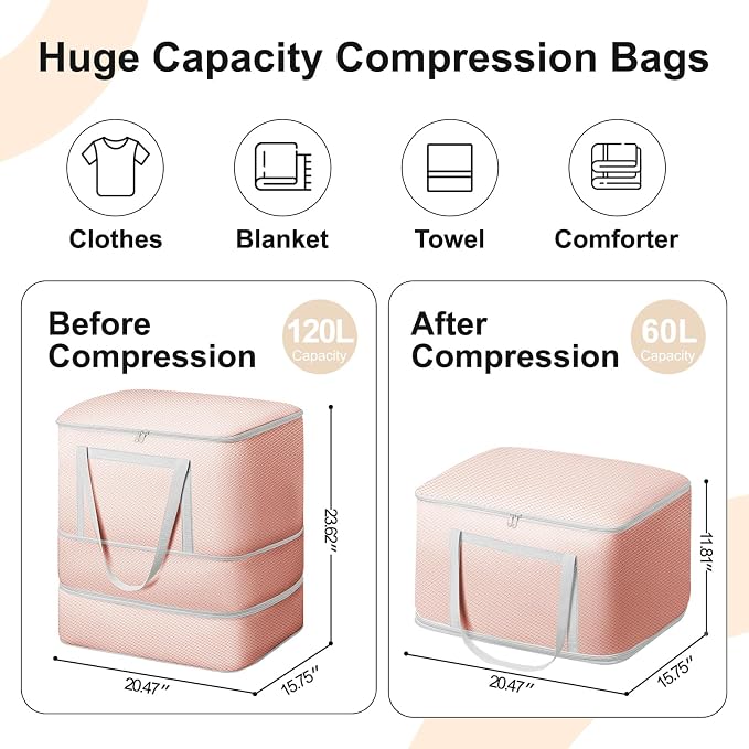 Comforter Storage Bag - 120L Bedding Storage Bags for Moving Closet, Washable Blanket Storage Bag, Ultra Space Saving Self Compression Organizer, 2-Pack, Pink - Image 2