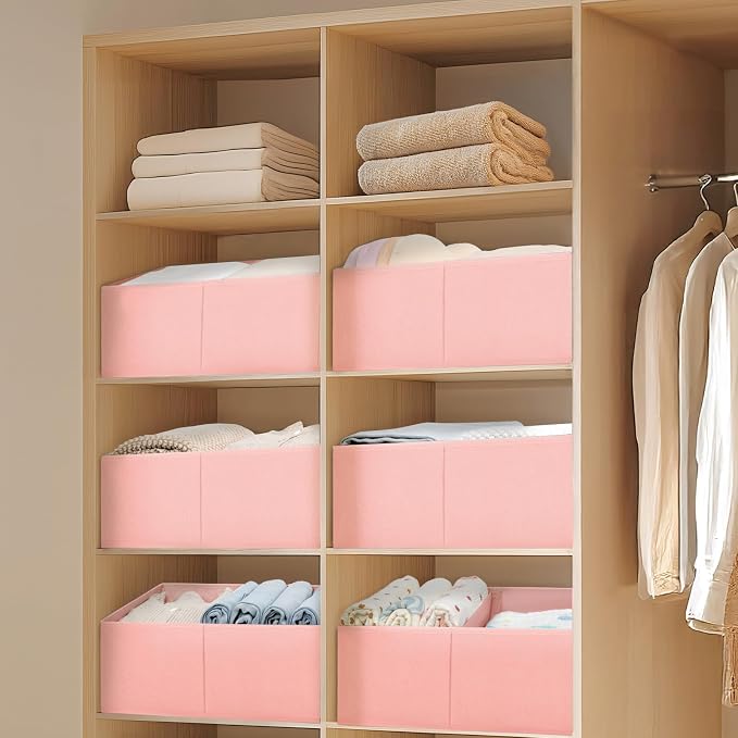 DIMJ Large Closet Shelf Organizer Bins 6 Packs with Handles and Divider, Fabric Trapezoid Storage Baskets, Foldable Clothes Containers Box for Shelf, Towel, Book, Toy, Purse, Hats, Pink - Image 5