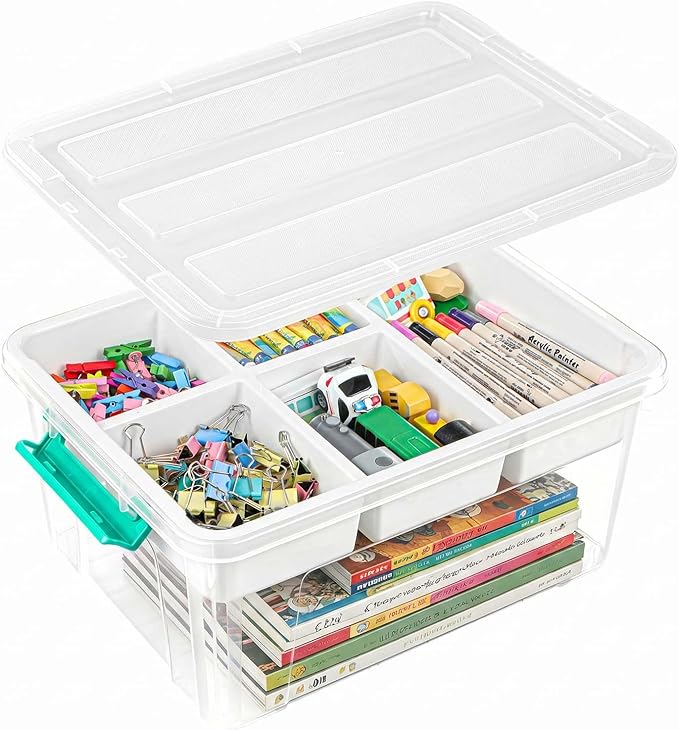 EOENVIVS 17 QT Clear craft storage organizer box with Removable Tray, Plastic storage bins with lids for Kids Art Supplies, Toys, Beads, Tools, Sewing & Classroom Clear+Green Bulcket by EasyCozyHomey