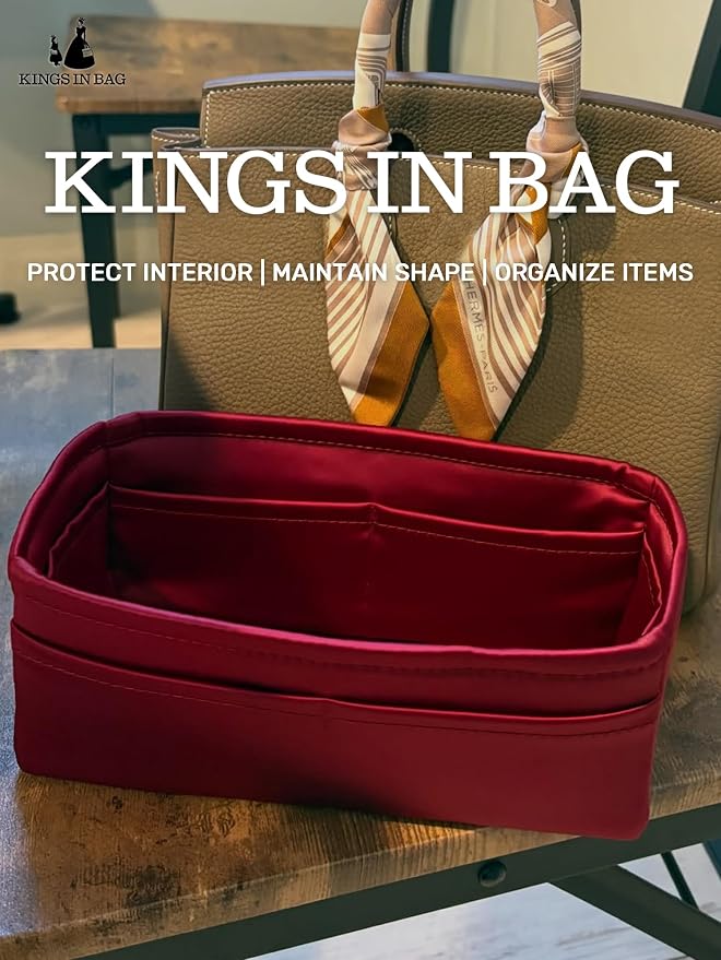Satin Purse Organizer for Birkin 25, Rouge H | Retourne Style, Tailored Fit, Multiple Pockets, Lightweight Satin, Ideal for Travel, Shopping, and Daily Use - Image 2