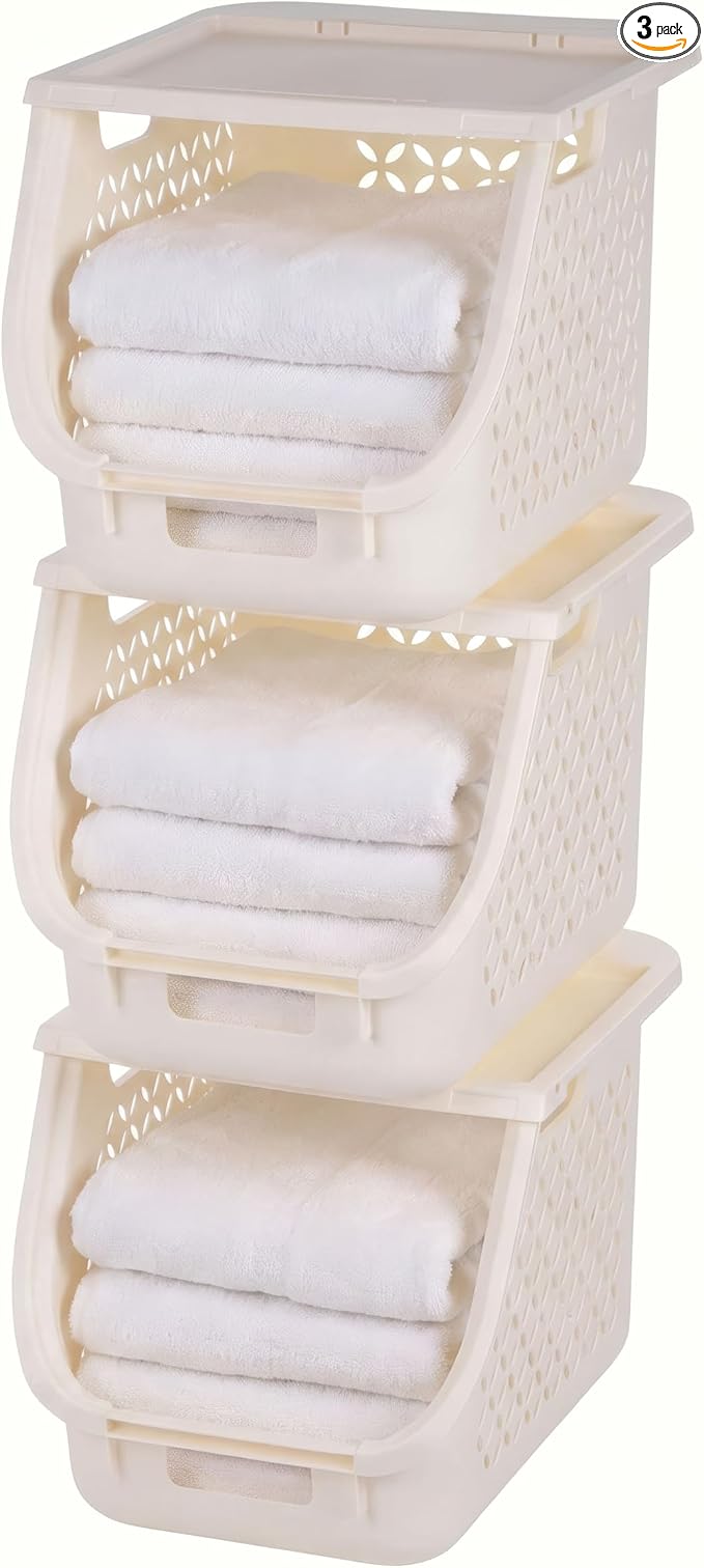 IRIS USA Laundry Basket Hamper, 40L - 3 Pack, Sorter Bin with Lids, White | Stackable, Open Front, Built-In Handles, Ventilation, by IRISUSA