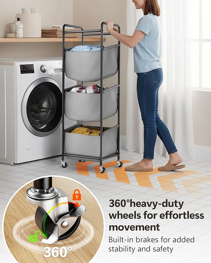 3 Section Laundry Sorter with Removable Bags, 120L Rolling Vertical Laundry Hamper, Stackable Laundry Baskets organizer for Bathroom, Apartment, Dorm (Gray, With Wheel) - Image 5