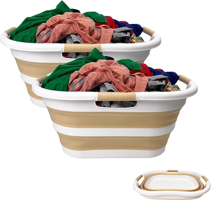SAMMART 40L (10.5 gallon) Set of 2 Plastic Foldable Laundry Basket - Collapsible, Space Saving and Portable Laundry Hamper, Ideal for Home, Travel, Dorm, and Camping (2, White/Beige) - Image 5