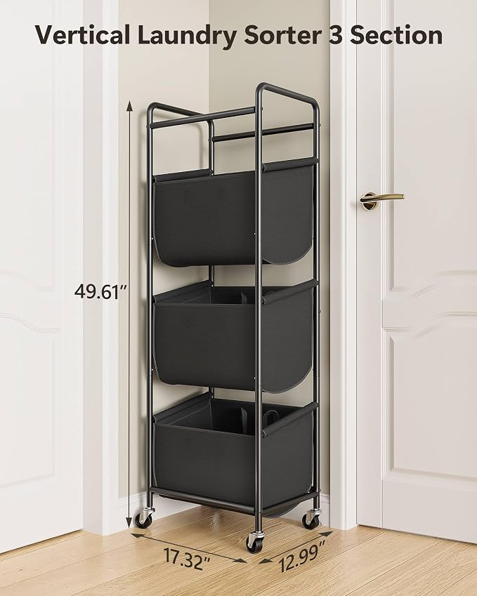 3 Section Laundry Sorter with Removable Bags, 120L Rolling Vertical Laundry Hamper, Stackable Laundry Baskets organizer for Bathroom, Apartment, Dorm (Black, With Wheel) - Image 8