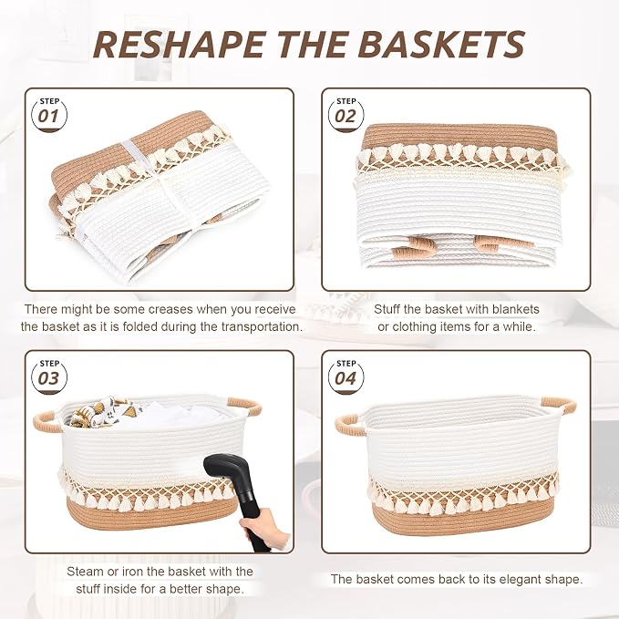 3 Pack Storage Basket for Shelves, Boho Cotton Rope Storage Bins with Heavy Tassel, Shelf Baskets Large Woven Baskets for Organizing, Cube Organizer Bins, Baby Laundry Basket for Clothes, Toys, Pets - Image 7