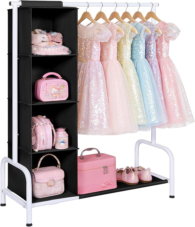 Univivi Kids Clothing Rack with Hanging Organizer, 43 Inch, Black and White | Toddler Dress Up Storage with Bottom Shelf, Sturdy Metal Dress Up Rack, Toddler Wardrobe Rack for Nursery, Playroom, Bedroom by Univivi