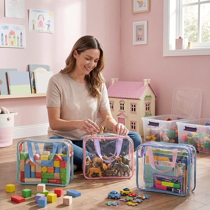 Shinylin 12 Packs Large Toy Storage Bags with Labels Clear PVC Toy Organizer with Zipper Colorful Classroom Storage Reusable Waterproof Organizer for Playroom School Blocks Game (Mix Pastel Color) - Image 4