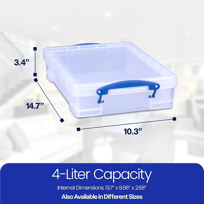 Really Useful Box 4 Liter Plastic Stackable Storage Container w/Snap Lid & Built-In Clip Lock Handles for Home & Office Organization, Clear (3 Pack) - Image 3