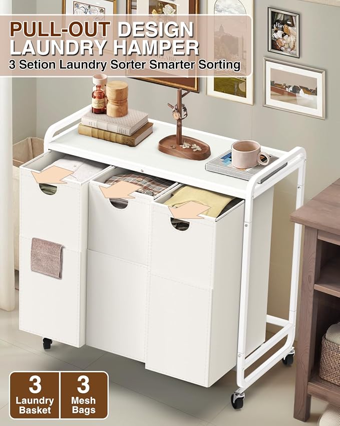 Laundry Hamper 3 Section,Laundry Basket with Wheels,3×15.8 Gal (60L) White | Laundry Room Organization with Wooden Desktop Shelf,Pull-Out and Removable 900D Oxford Fabric Laundry Bags for Laundry Room - Image 4