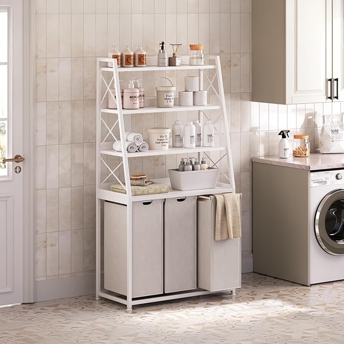 Herture 3 Section Laundry Hamper Laundry Basket with 4 Tiers Shelf | Laundry Sorter with Pull-Out Removable Large Bags, 4 x 15.87 Gallons, Metal Frame, for Laundry Room Bathroom, White PF05XLW - Image 2