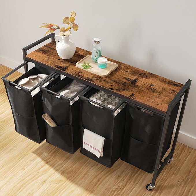 HOOBRO Laundry Sorter 4 Sections, Laundry Hamper with Wheels, 4 × 10.5 Gal (40 L), Rolling Laundry Basket, Pull-Out and Removable Oxford Fabric Bags, Rustic Brown and Black BF04XY01 - Image 6