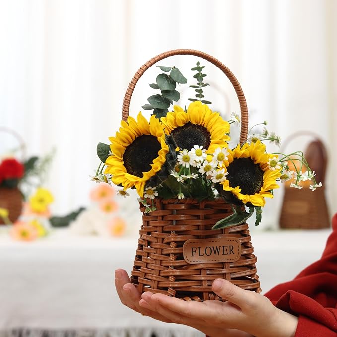 Set of 4 Flower Basket with Handle, QENUIITEA Imitation Rattan Woven Picnic Basket with Plastic Waterproof Lining, Flower Girl Baskets for Wedding Valentine's Day, Storage Basket for Home Decor - Image 7