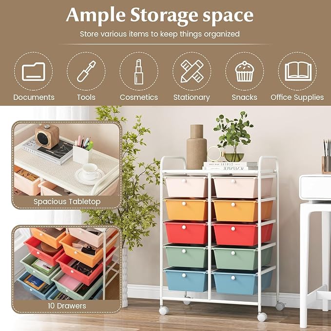 10 Drawer Rolling Cart, Storage Cart Organizer on Wheels, Drawer Cart with Metal Frame & Large Storage Capacity, Rolling Cart with Drawers for Living Room Classroom, Office - Image 5